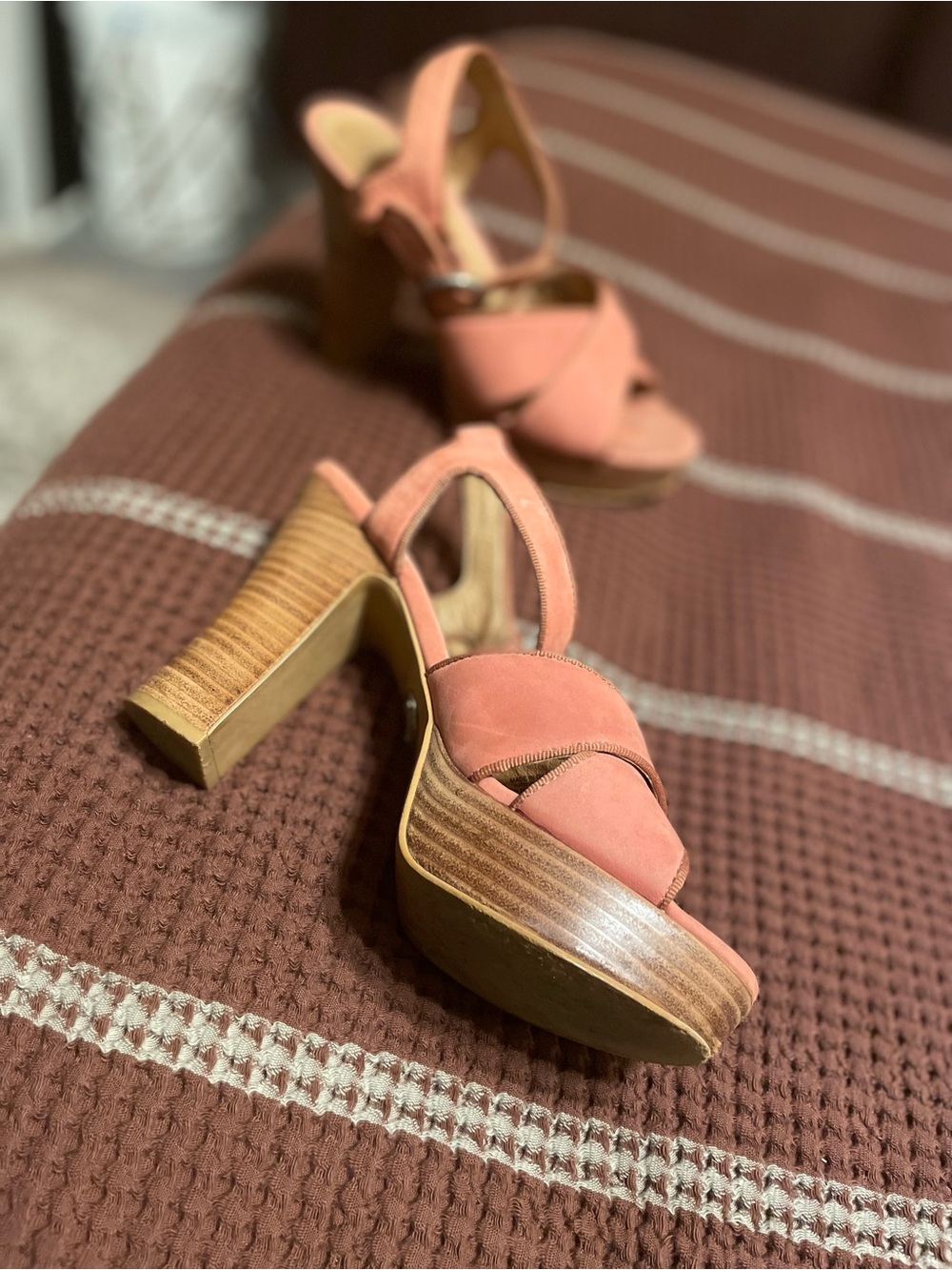 Fossil Coral Pink Platform Block Heel Sandals